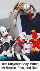 sock monkeys sitting by a computer